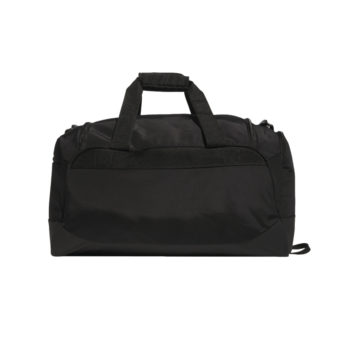A black duffel bag with dual top handles, isolated against a black background.