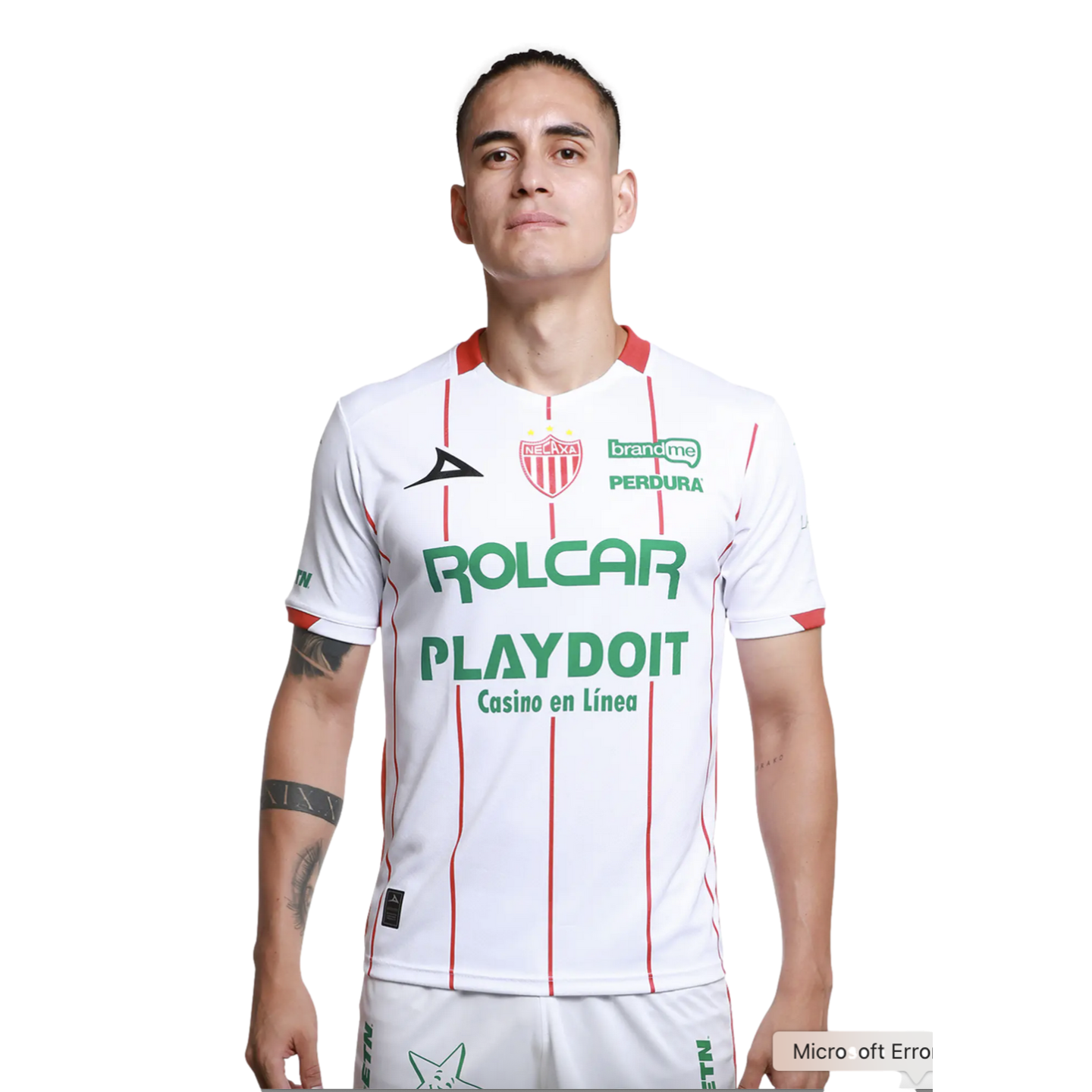A male soccer player poses in a white Necaxa home jersey featuring thin red stripes and green sponsor logos, set against a solid black background.
