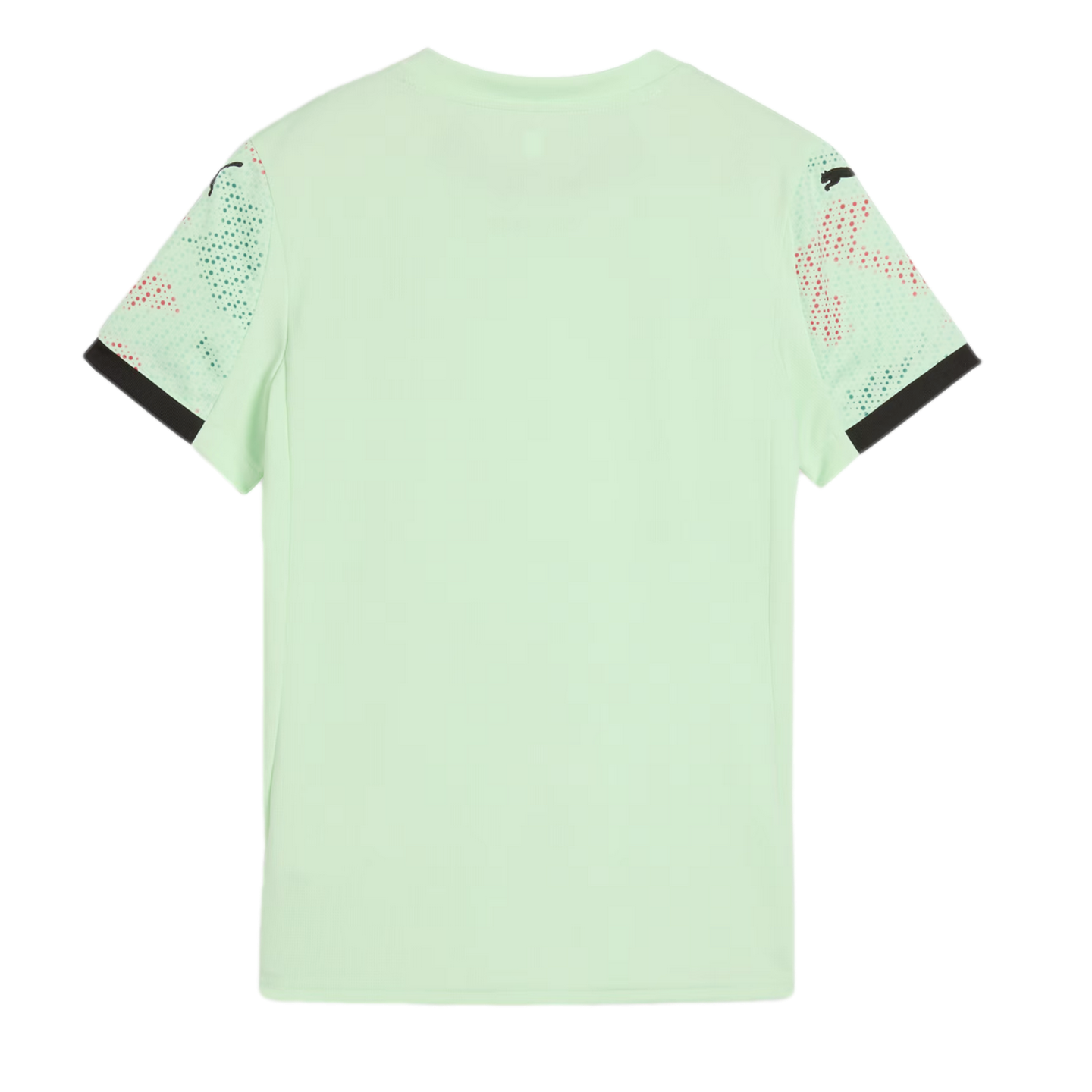 Back view of a pale green Puma short-sleeved t-shirt with patterned sleeves and black cuffs.
