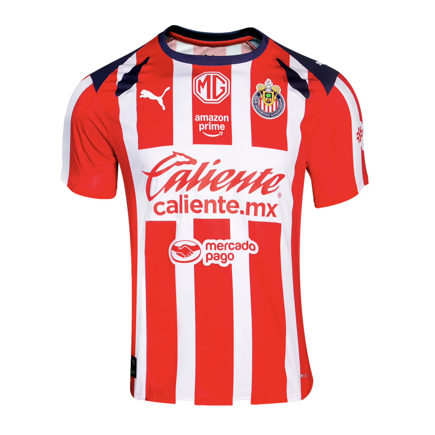 Red and white striped Chivas de Guadalajara soccer jersey with blue shoulder accents. Features the team crest and logos for Puma, MG, Amazon Prime, Caliente, and Mercado Pago.
