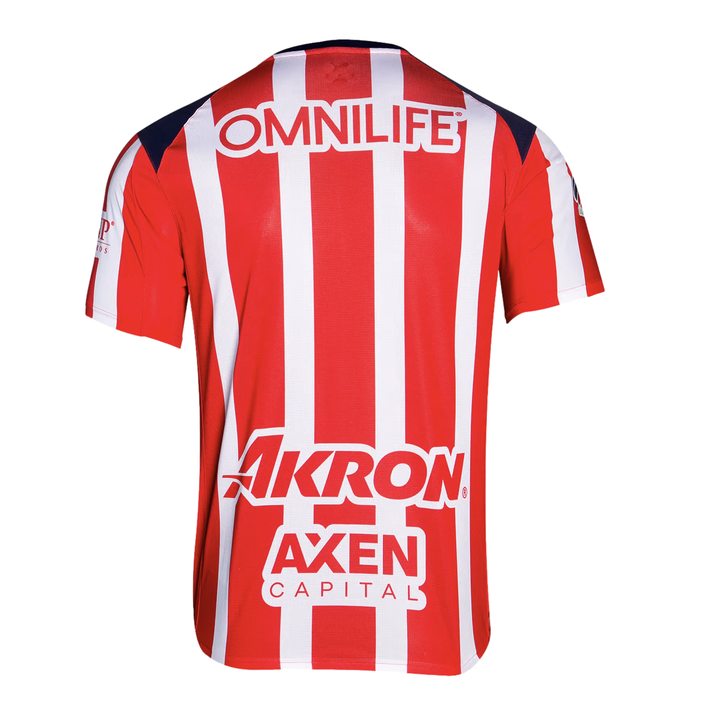 Back view of a red and white striped soccer jersey featuring OMNILIFE, Akron, and AXEN CAPITAL sponsor logos.