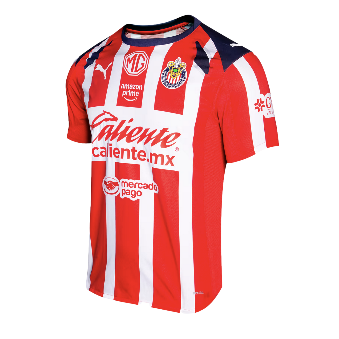 Red and white striped Puma soccer jersey for Club Deportivo Guadalajara featuring navy shoulders and sponsor logos like MG, Amazon Prime, and Caliente.mx.