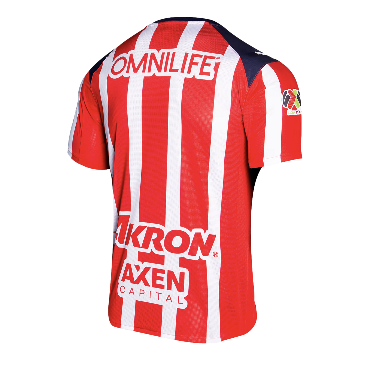The back of a red and white vertically striped soccer jersey with OMNILIFE, AKRON, and AXEN CAPITAL sponsor logos. A Liga MX patch is on the sleeve.