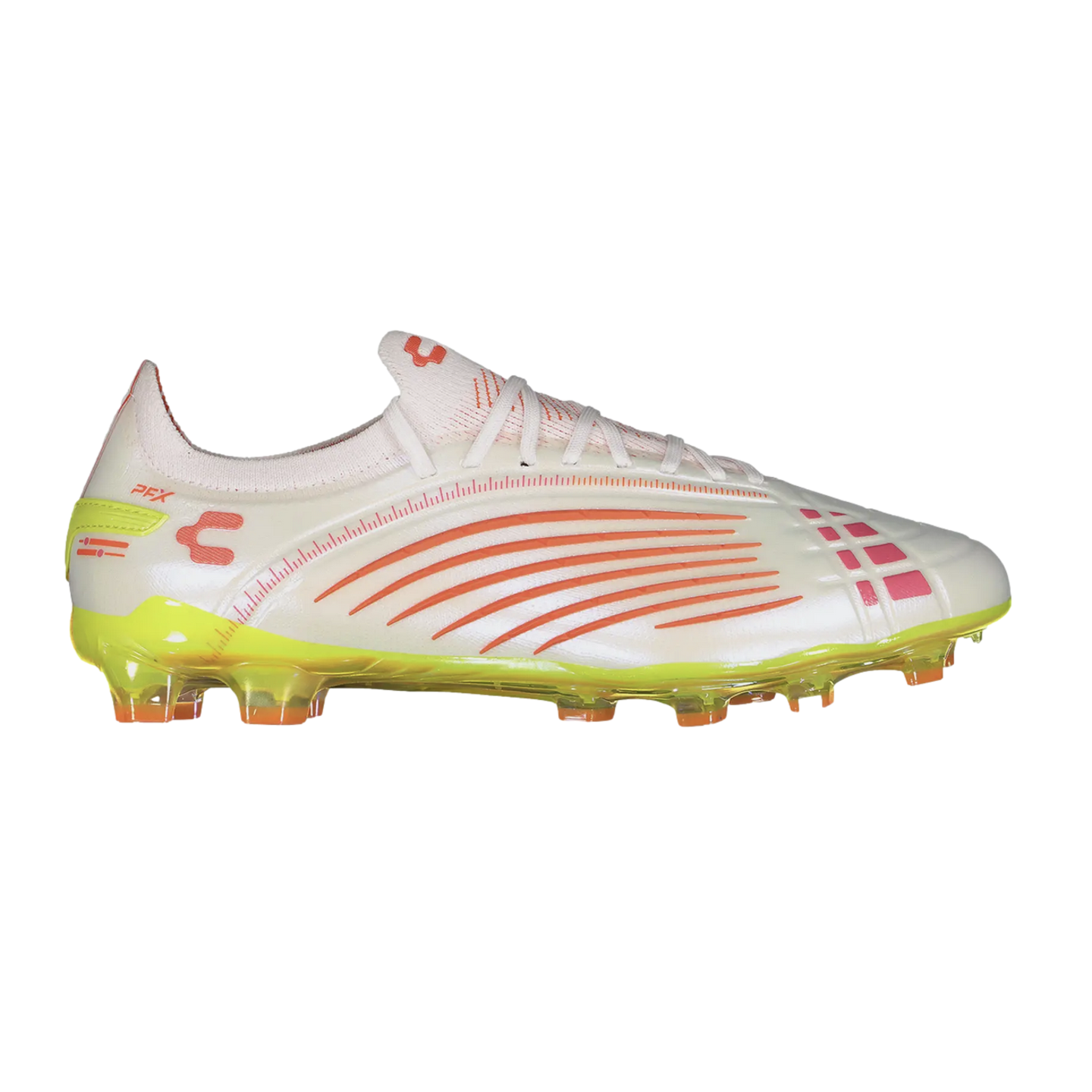 White Charly soccer cleat with orange curved stripes, pink toe accents, and a lime yellow translucent sole with orange studs.