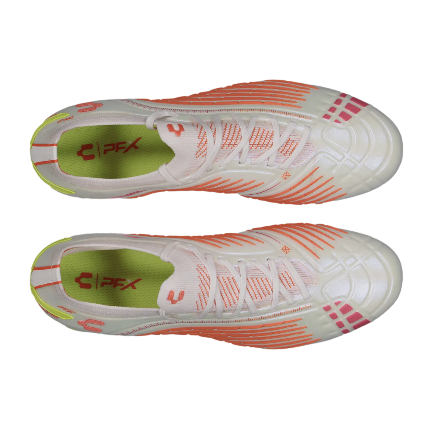 Top-down view of a pair of cream-colored Charly soccer cleats with vibrant orange stripes and pink accents, set against a solid black background.