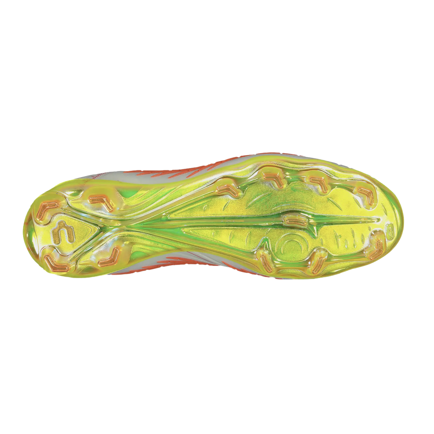Bottom view of a soccer cleat featuring a lime green and yellow iridescent soleplate with orange-tipped studs, isolated on a black background.