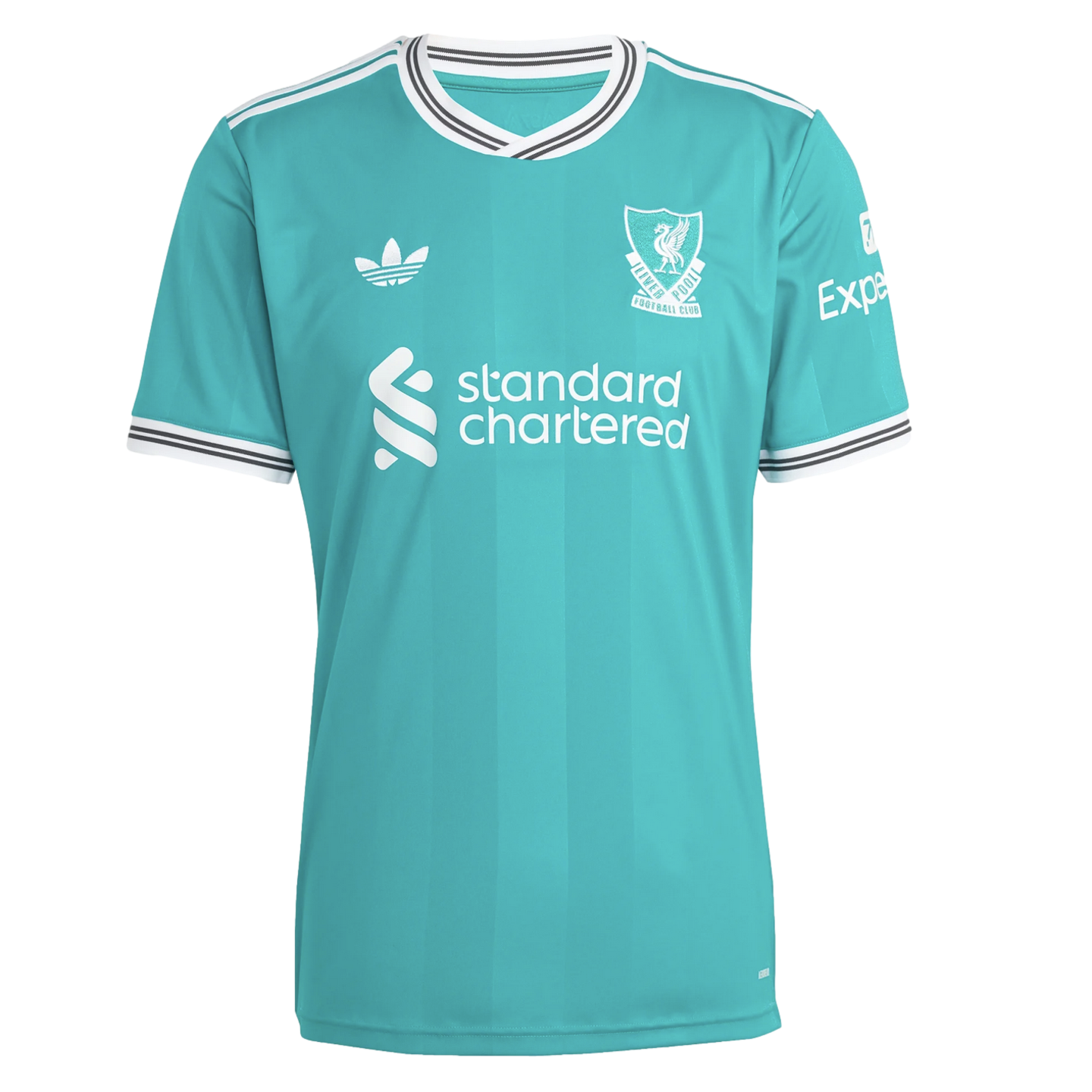 Turquoise Liverpool FC Adidas football jersey with white logos, crest, and sponsors. Features striped black and white collar and sleeve cuffs.
