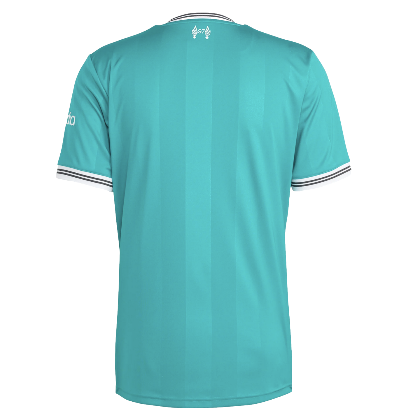 Back view of a teal soccer jersey with tonal vertical stripes. Features white and black striped trim on the collar and cuffs, and a small "97" memorial logo at the nape.