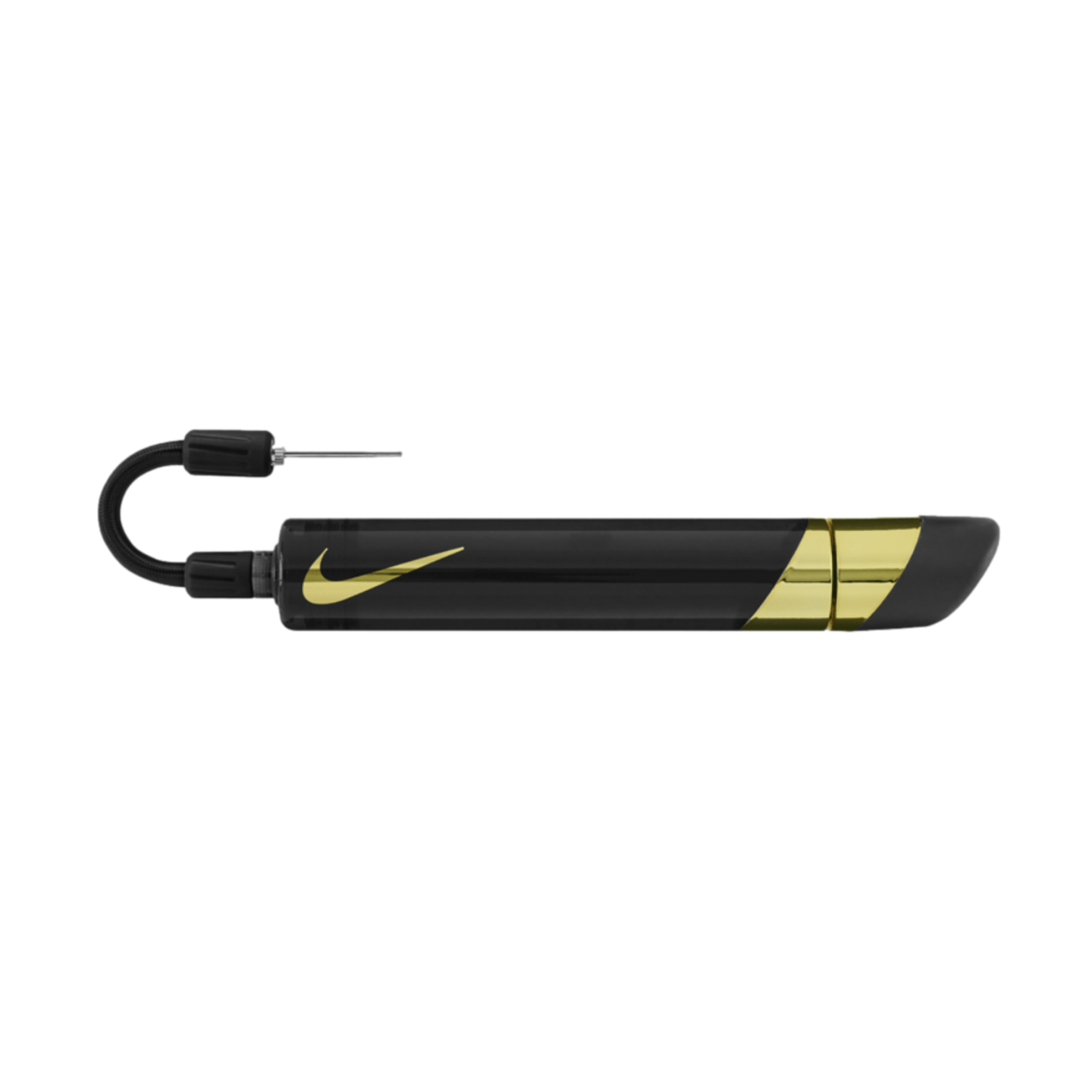 A black and gold Nike ball pump with a gold swoosh logo, a flexible hose, and an inflation needle.