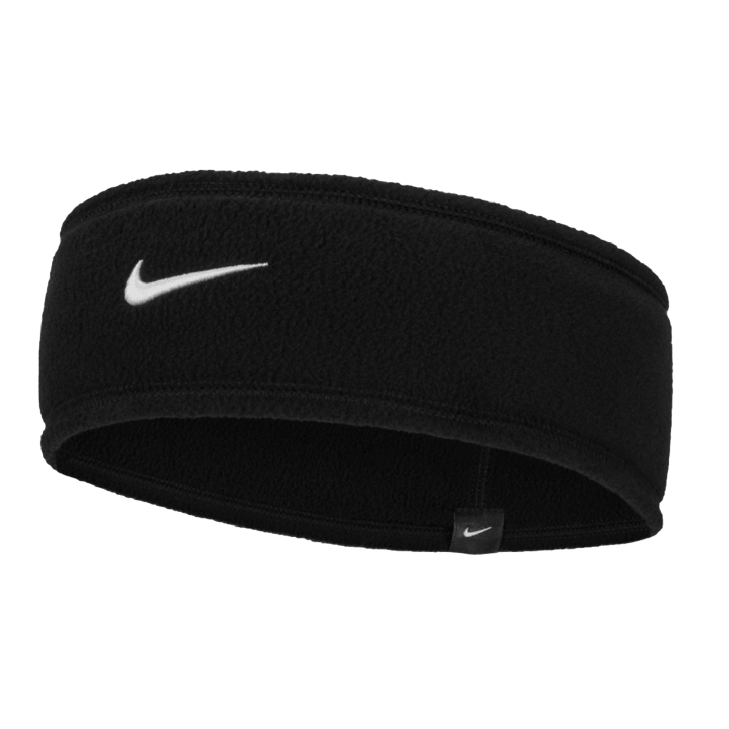 A black fleece Nike headband with a white swoosh logo on the front, set against a black background.