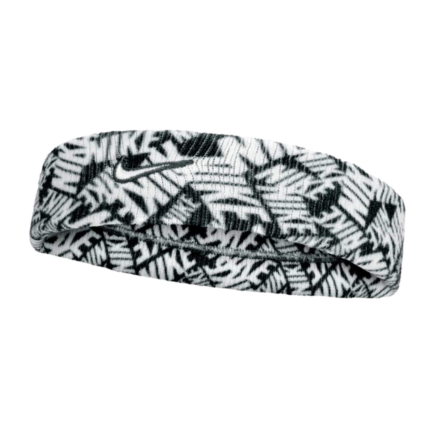 A black and white Nike headband featuring an all-over repeating "NIKE" logo print and a small black embroidered swoosh on the front center.