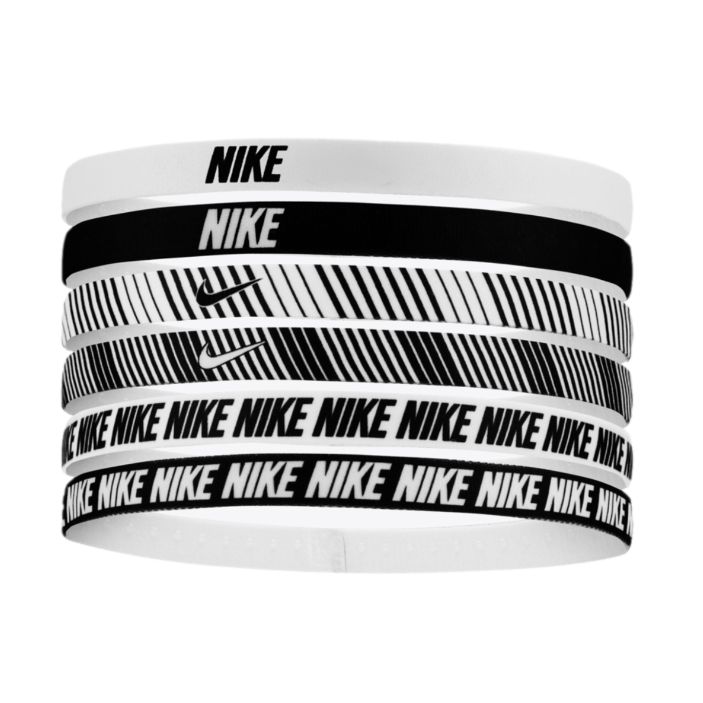 Six Nike headbands stacked vertically. Designs include solid colors with logos, diagonal stripes with swooshes, and repeating 'NIKE' patterns in black and white.
