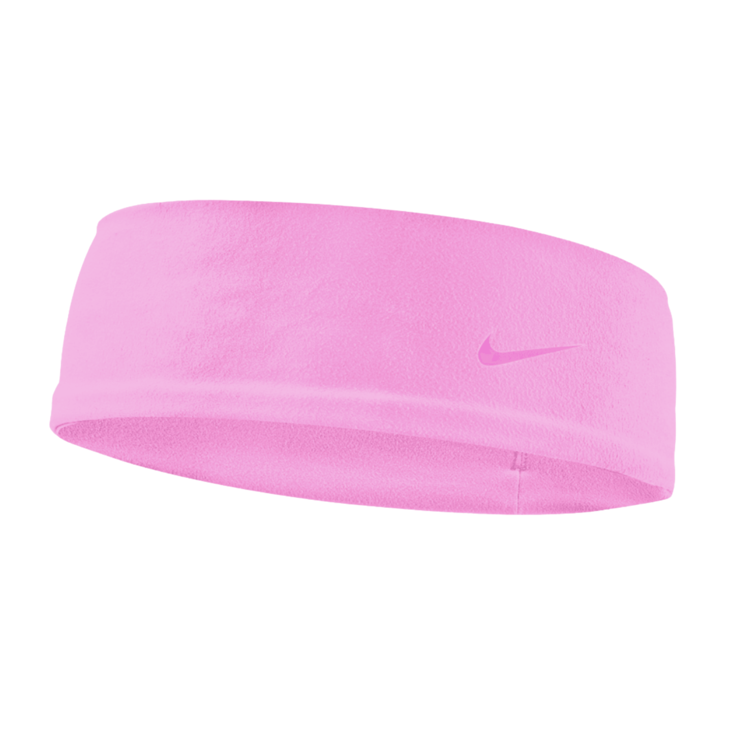 A light pink Nike fleece headband with a small matching swoosh logo on the right side, set against a black background.