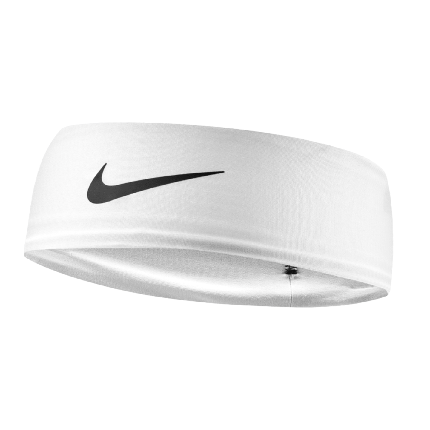 A white Nike headband with a black swoosh logo on the front, set against a solid black background.