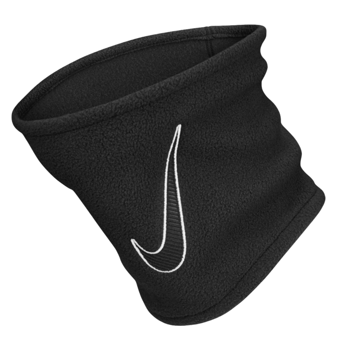 A black fleece Nike neck gaiter with a white swoosh logo outline.