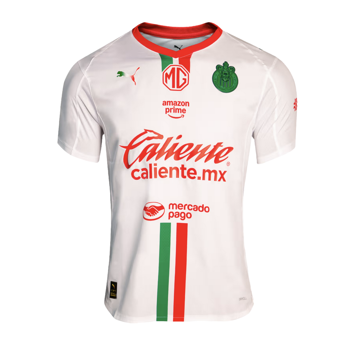 A white Puma Chivas soccer jersey with red trim, vertical green and red stripes, and sponsor logos including Amazon Prime, Caliente.mx, and Mercado Pago.