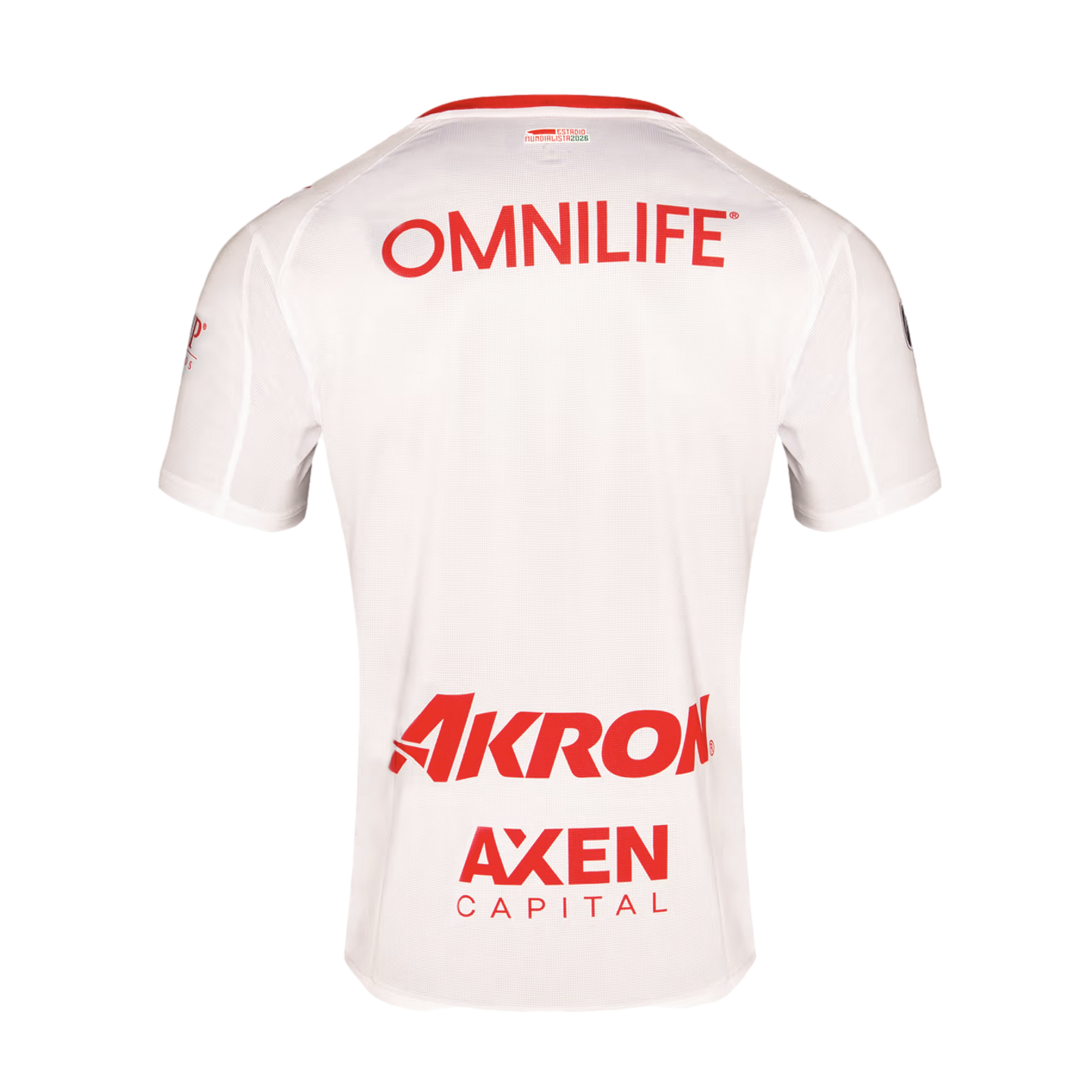 Back view of a white sports jersey on a black background featuring red sponsor logos for OMNILIFE, AKRON, and AXEN CAPITAL. A small 2026 World Cup stadium logo is at the neck.