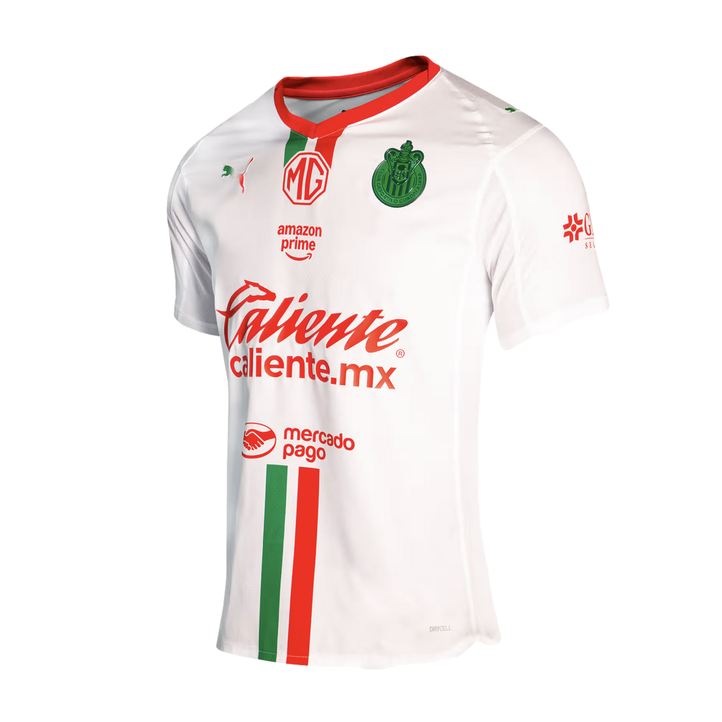 White Puma soccer jersey for C.D. Guadalajara featuring red and green accents, and sponsors including MG, Amazon Prime, and Caliente.mx.