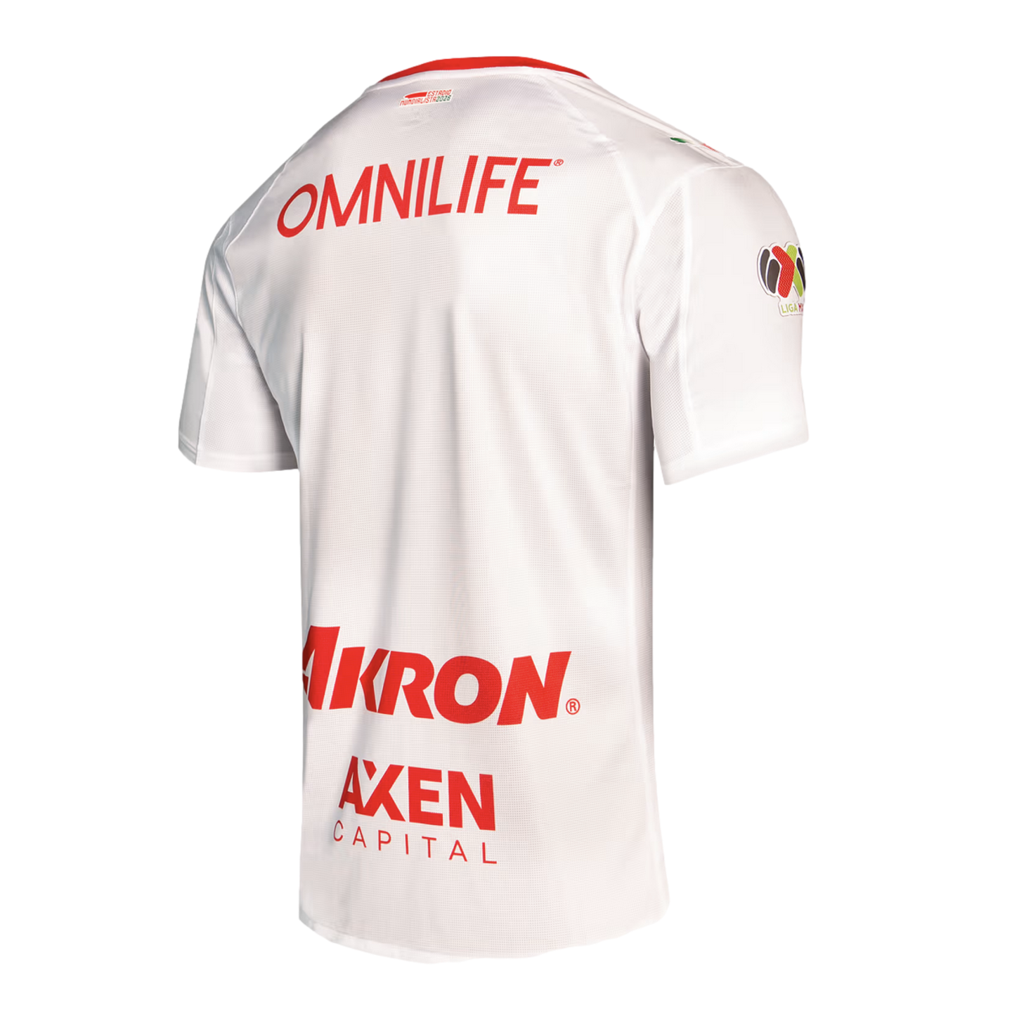 Back view of a white soccer jersey with red OMNILIFE, Akron, and AXEN CAPITAL logos. A patch is on the sleeve. Set against a black background.