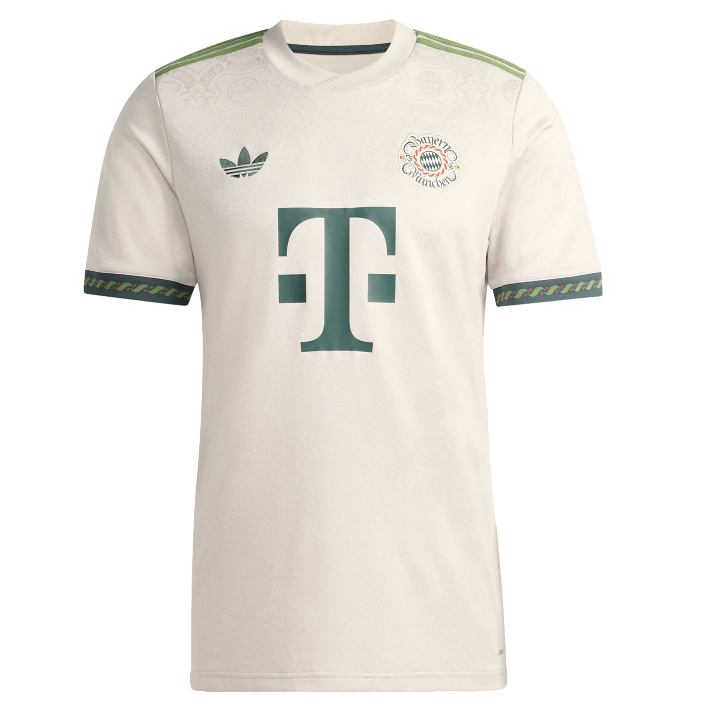 Cream-colored FC Bayern Munich jersey with dark green accents, vintage club crest, Adidas trefoil logo, and a large "T" sponsor logo on the chest.