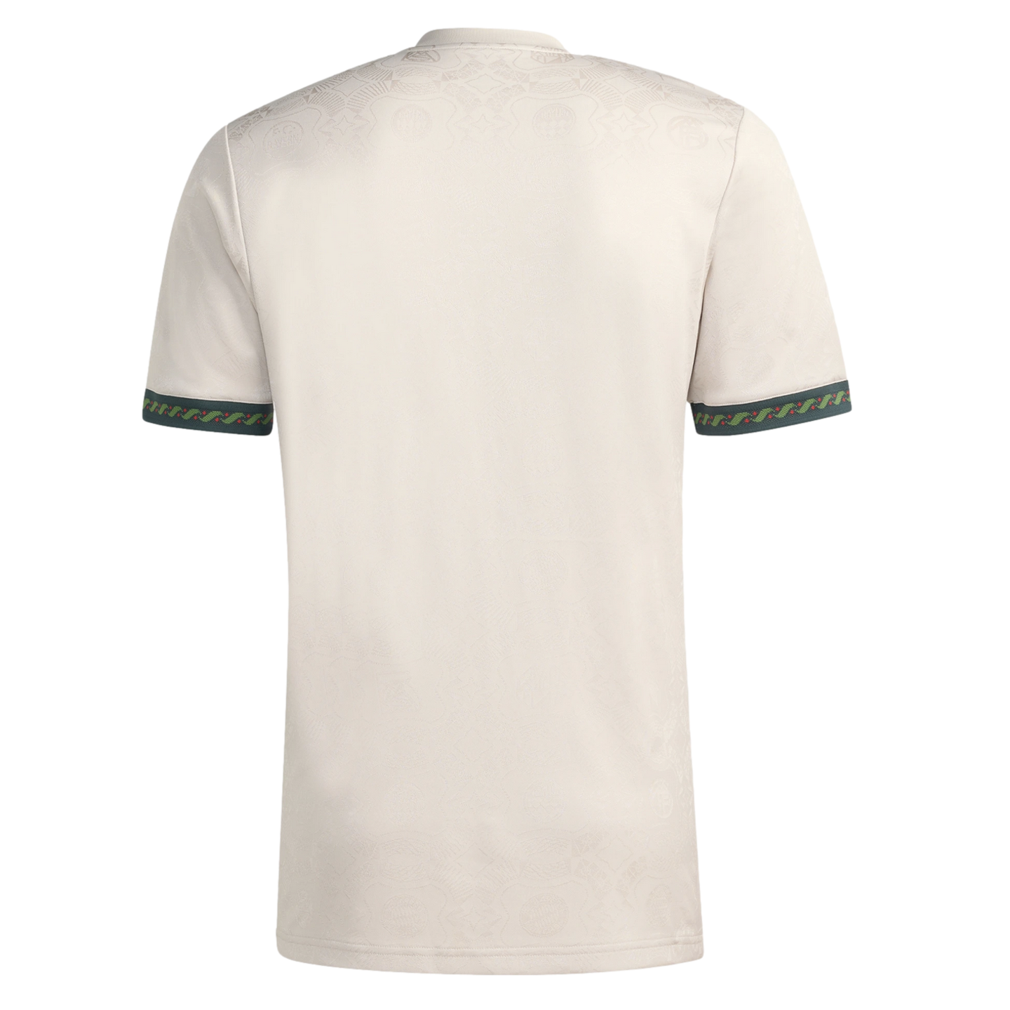 Back view of a cream short-sleeved jersey with green patterned cuffs and subtle tone-on-tone embossed designs, isolated on a black background.