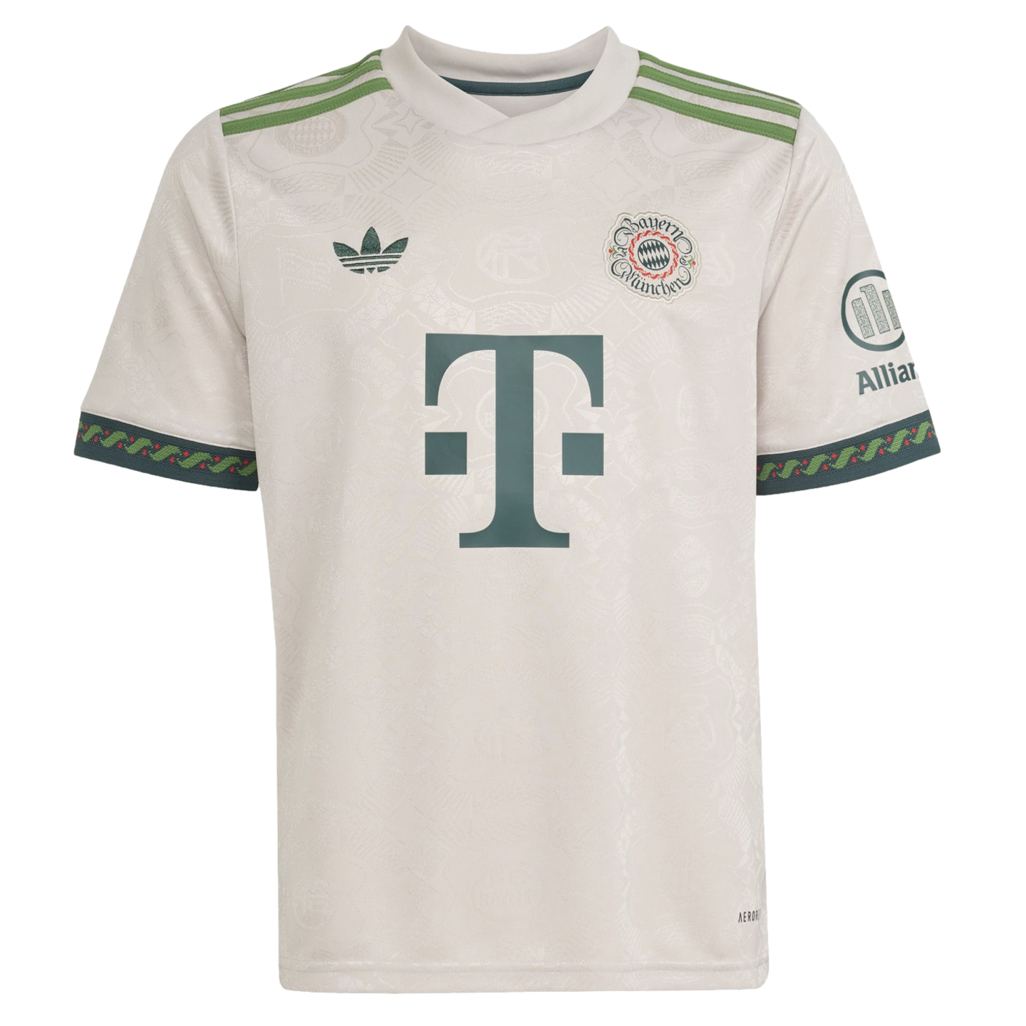 Off-white FC Bayern Munich soccer jersey with green accents, featuring an Adidas trefoil, club crest, and large "T" sponsor logo. Tonal patterns cover the fabric.