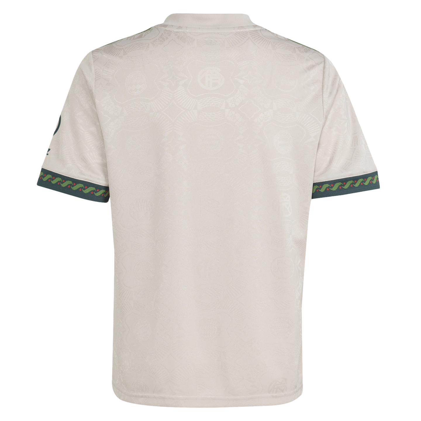 Rear view of an off-white jersey with a subtle tonal pattern and decorative dark green sleeve cuffs featuring red and light green details.
