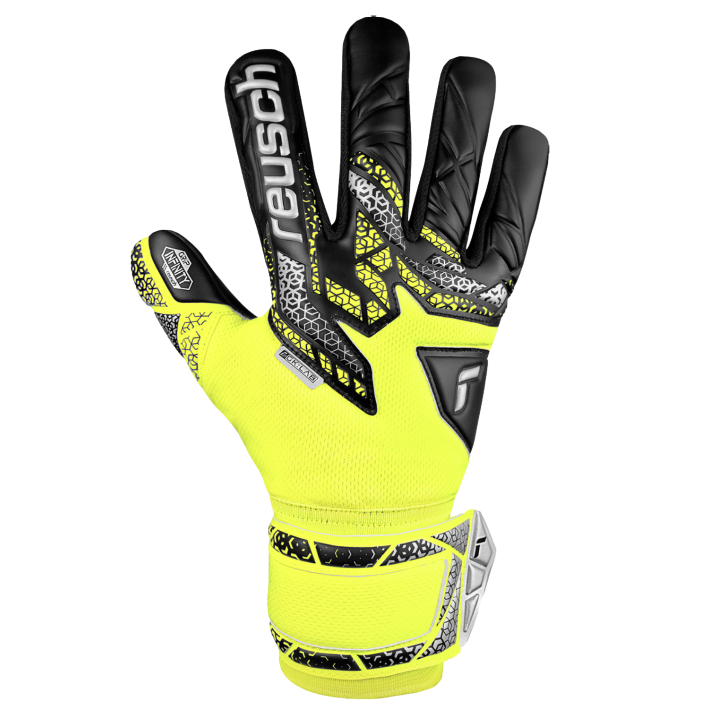 A Reusch goalkeeper glove in neon yellow and black with geometric patterns, shown against a solid black background.