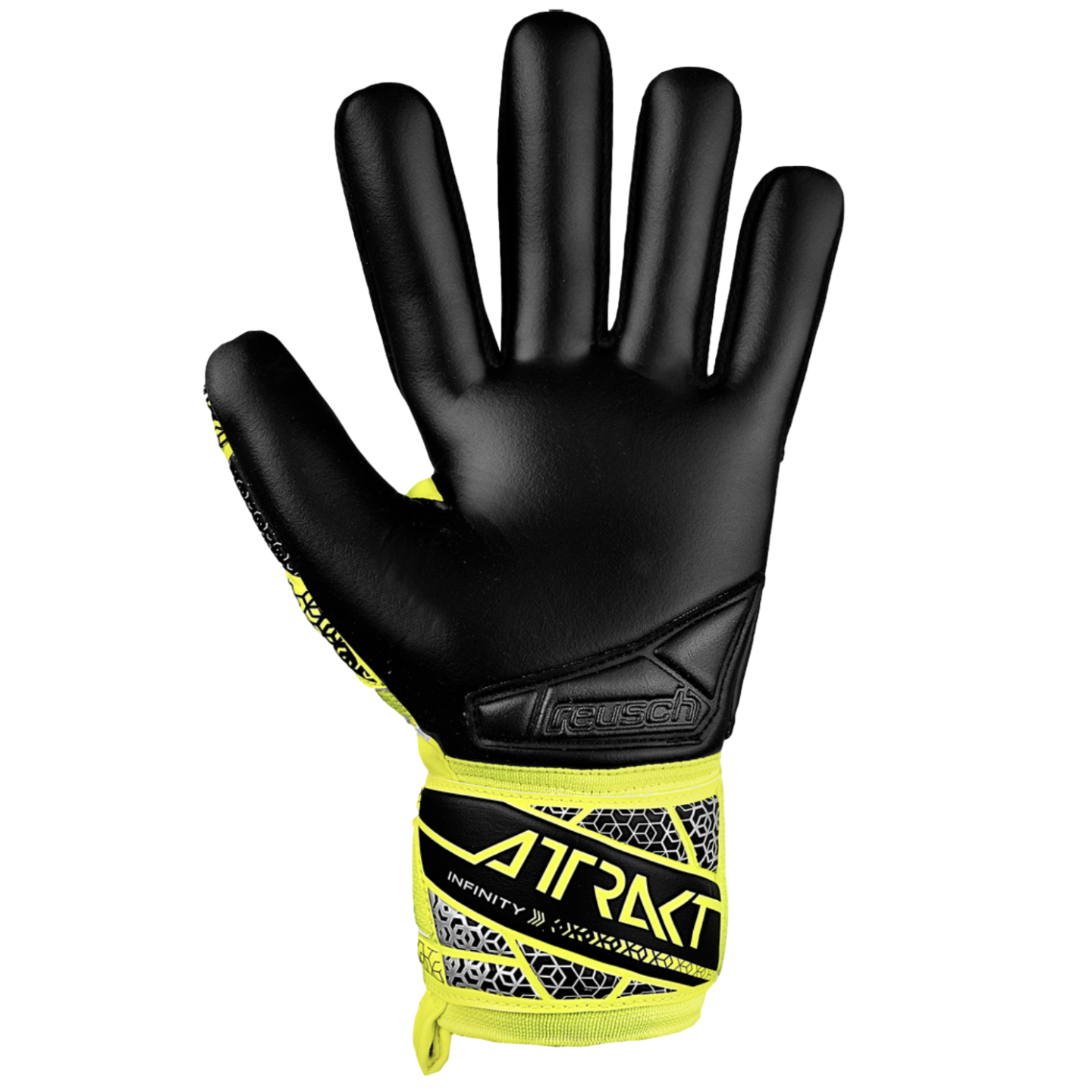 A Reusch Attrakt Infinity goalkeeper glove featuring a black palm and a bright yellow and black patterned wrist strap, centered against a solid black background.
