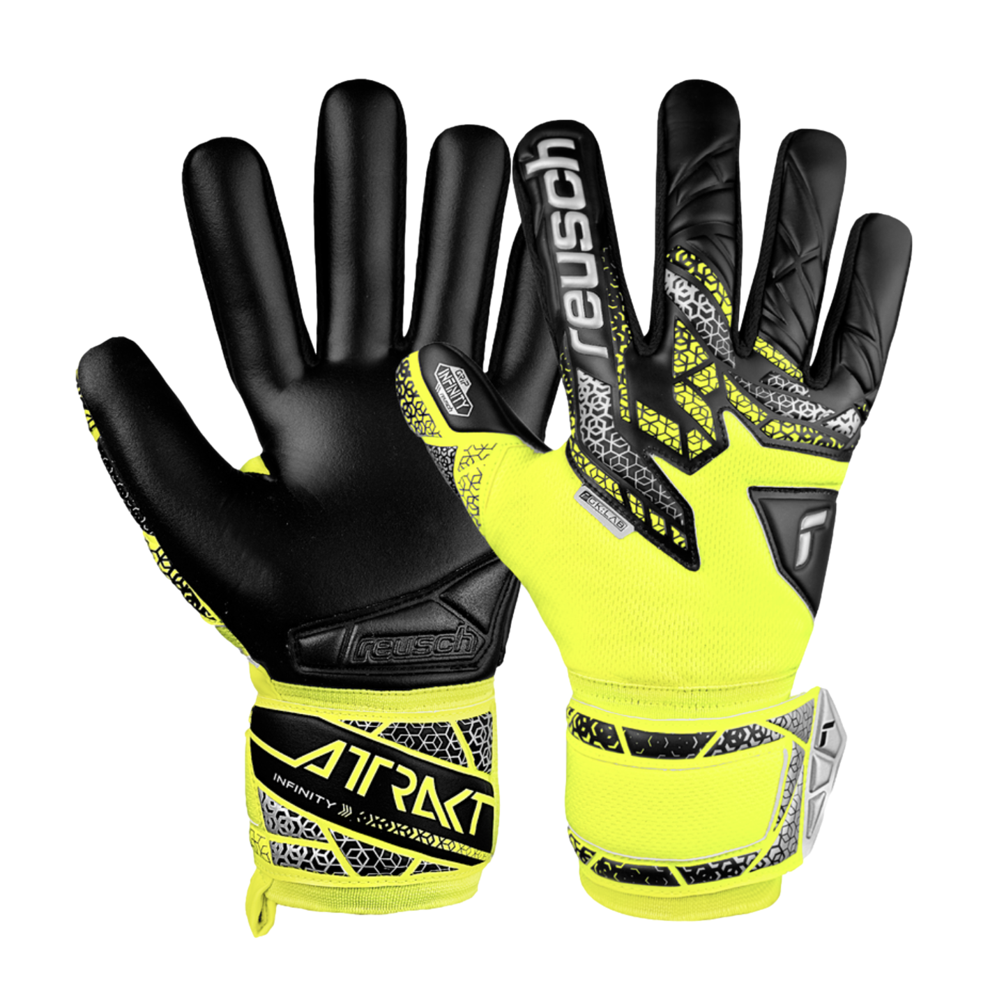 Neon yellow and black Reusch Attrakt goalkeeper gloves featuring geometric patterns, shown from both palm and backhand views.