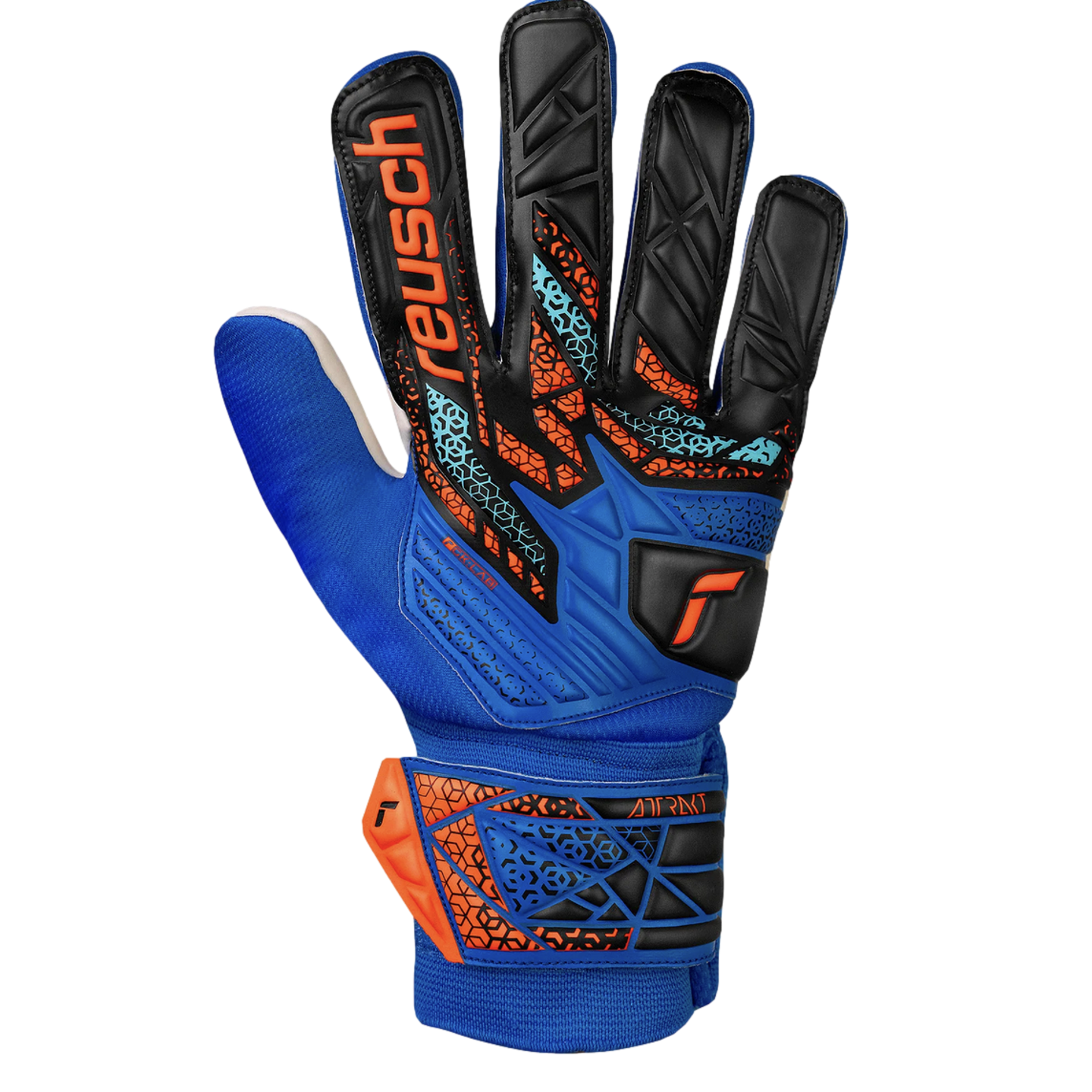 Blue Reusch goalkeeper glove with black, orange, and light blue geometric patterns on the backhand and wrist strap.