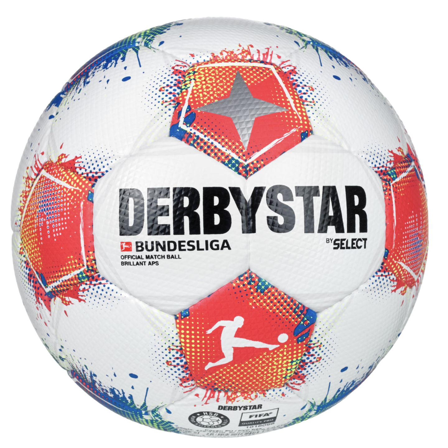 A Derbystar Bundesliga official match soccer ball, white with red and blue paint-splatter patterns on the panels and black branding.