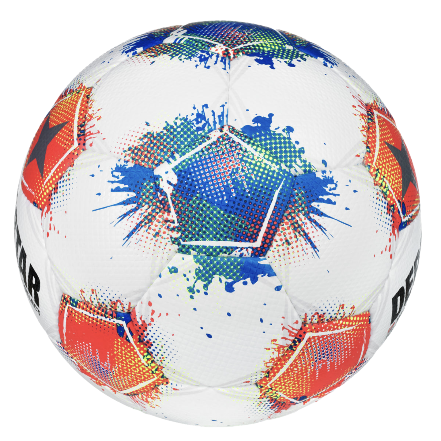 A white soccer ball with vibrant, paint-splatter style graphics in blue, red, orange, and green, featuring stars and a halftone dot texture.