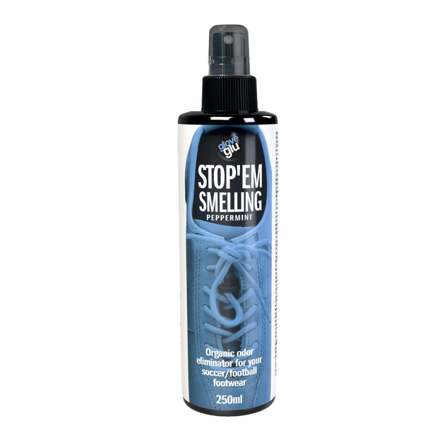 A 250ml spray bottle of gloveglu Stop 'Em Smelling Peppermint organic odor eliminator for soccer and football footwear.