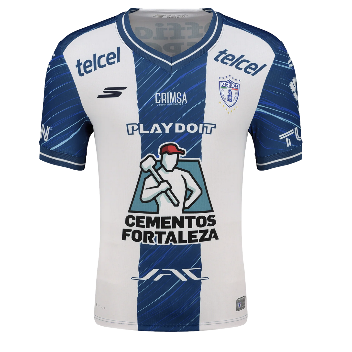Pachuca home soccer jersey featuring blue and white vertical stripes and multiple sponsor logos, including Cementos Fortaleza, Telcel, and Skechers.