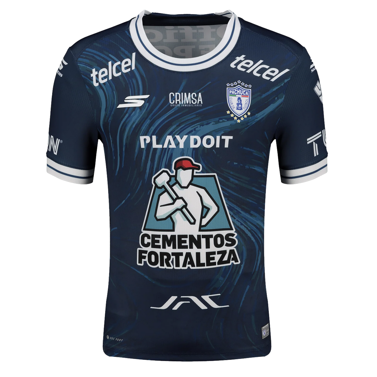 Navy blue Pachuca soccer jersey with light blue swirl patterns, white trim, and various sponsor logos including Telcel and Cementos Fortaleza.