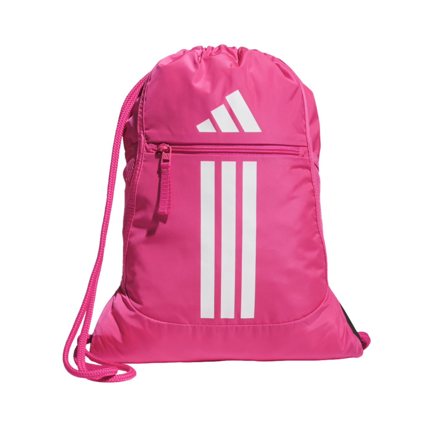 Pink Adidas drawstring bag with white logo, three vertical stripes, and a front zippered pocket.