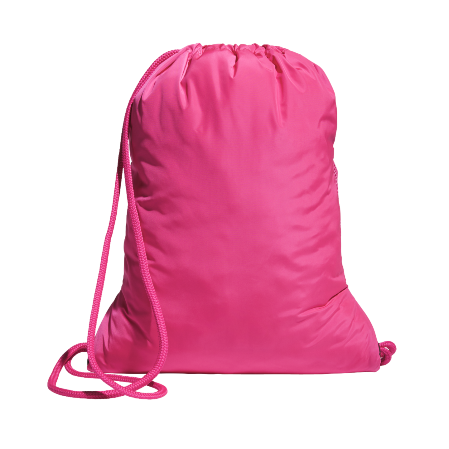 Bright pink drawstring backpack against a solid black background. The sackpack is made of a shiny, satin-like material and features matching thick pink cords.