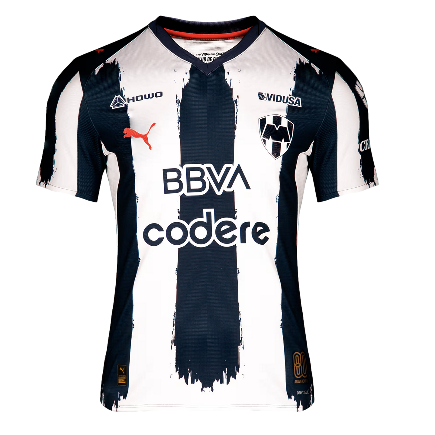 Monterrey FC home jersey with navy and white vertical stripes featuring brushstroke edges. Displays the club crest, red Puma logo, and BBVA and Codere sponsors.