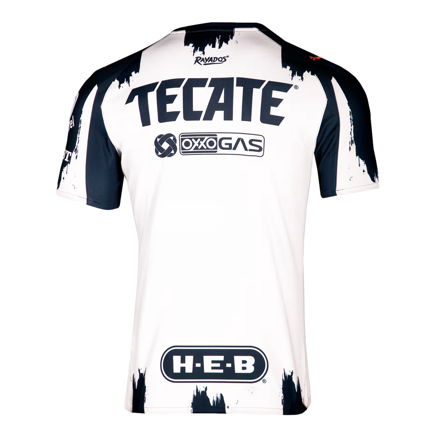 Back view of a white Rayados soccer jersey with navy brushstroke patterns and navy blue sponsor logos for Tecate, Oxxo Gas, and H-E-B.
