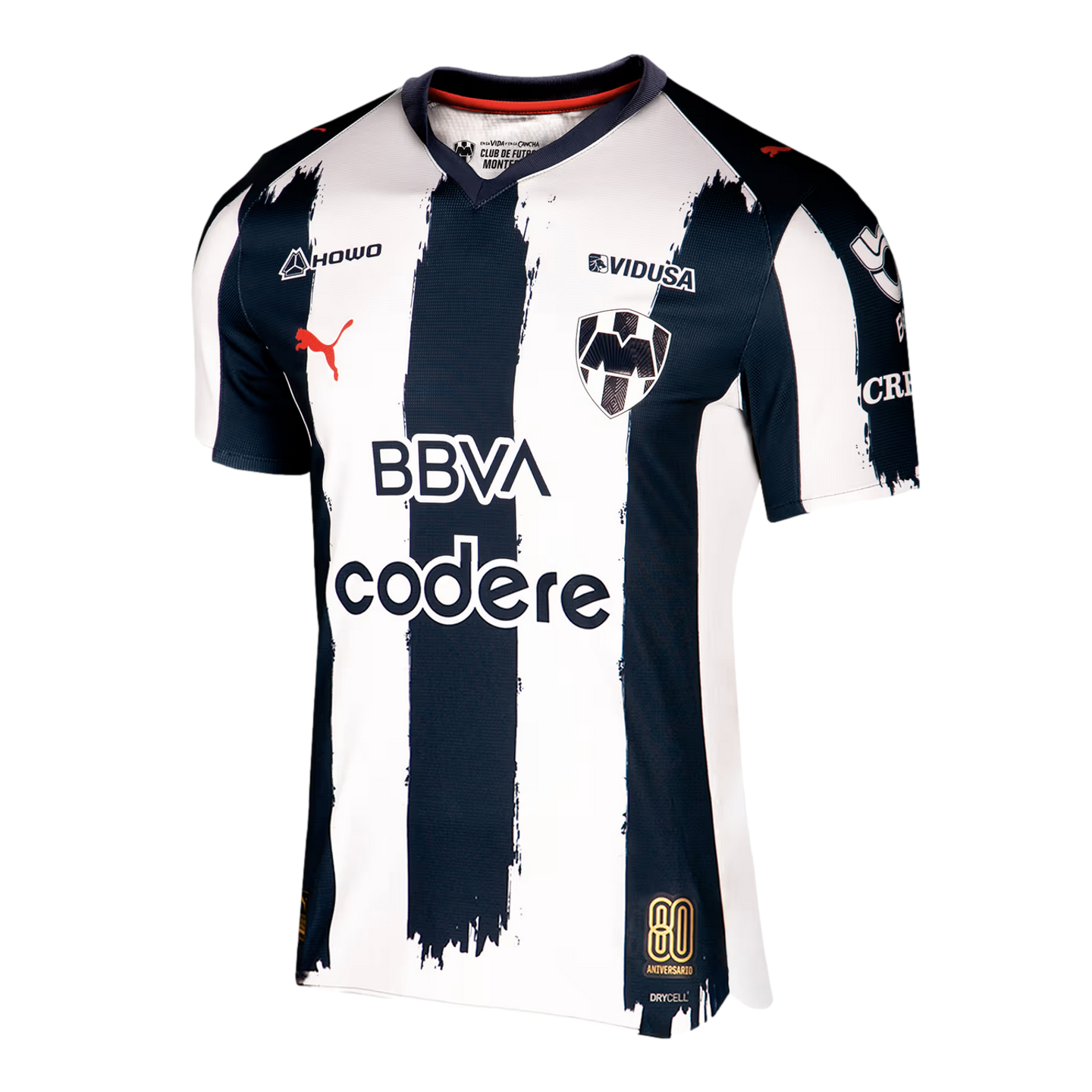 C.F. Monterrey soccer jersey featuring navy blue and white brushstroke stripes, club crest, Puma, BBVA, and codere logos, with a gold 80th-anniversary patch.