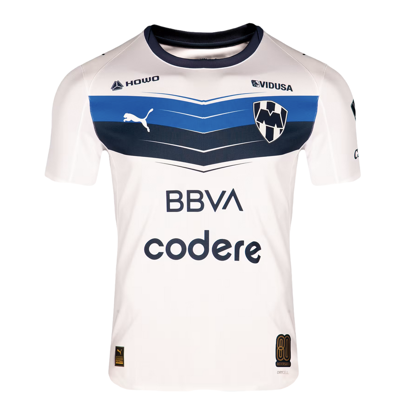White C.F. Monterrey Puma soccer jersey featuring a blue chevron chest pattern, club crest, and BBVA and Codere sponsor logos.