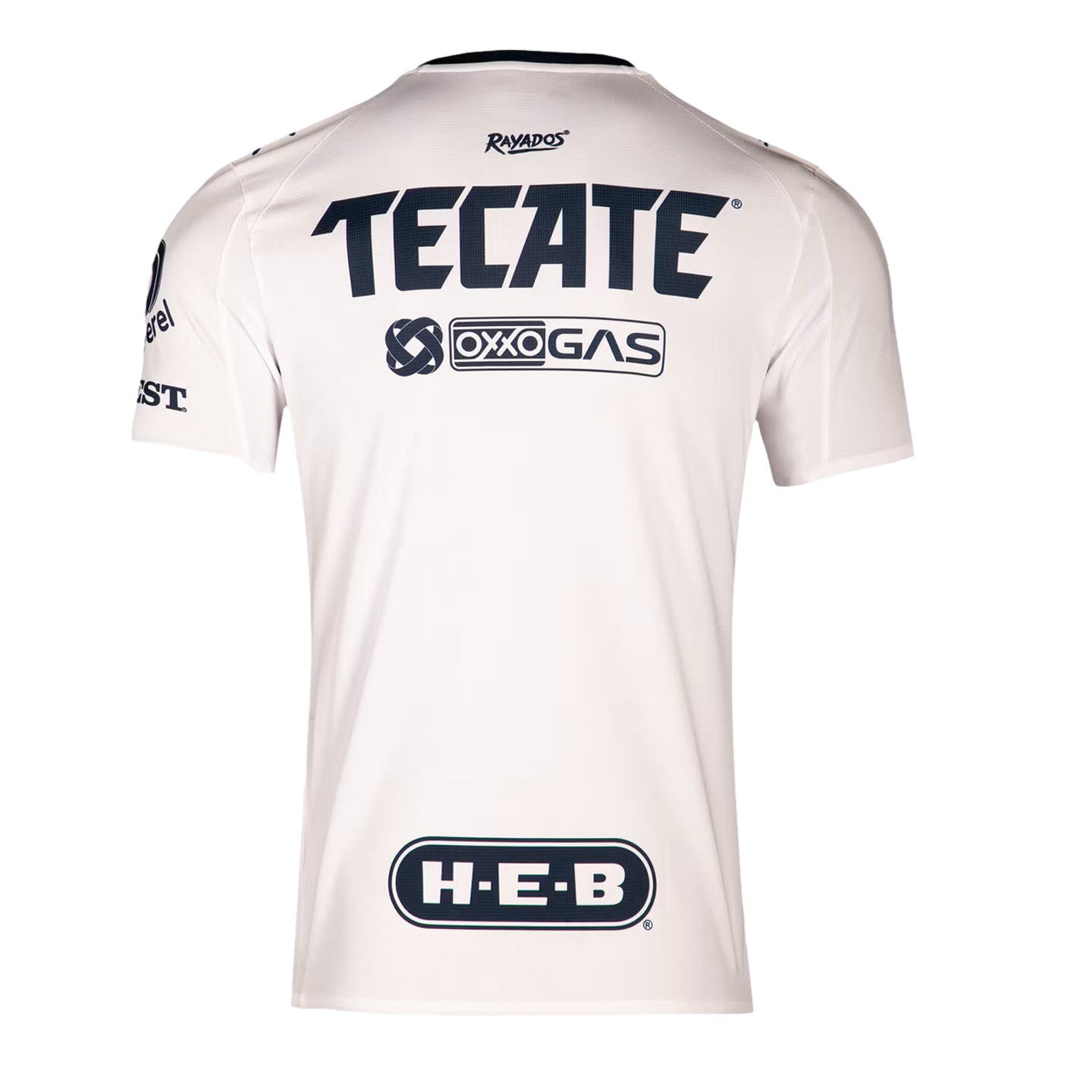 Back view of a white Rayados soccer jersey with navy blue sponsor logos for Tecate, Oxxo Gas, and H-E-B on a black background.