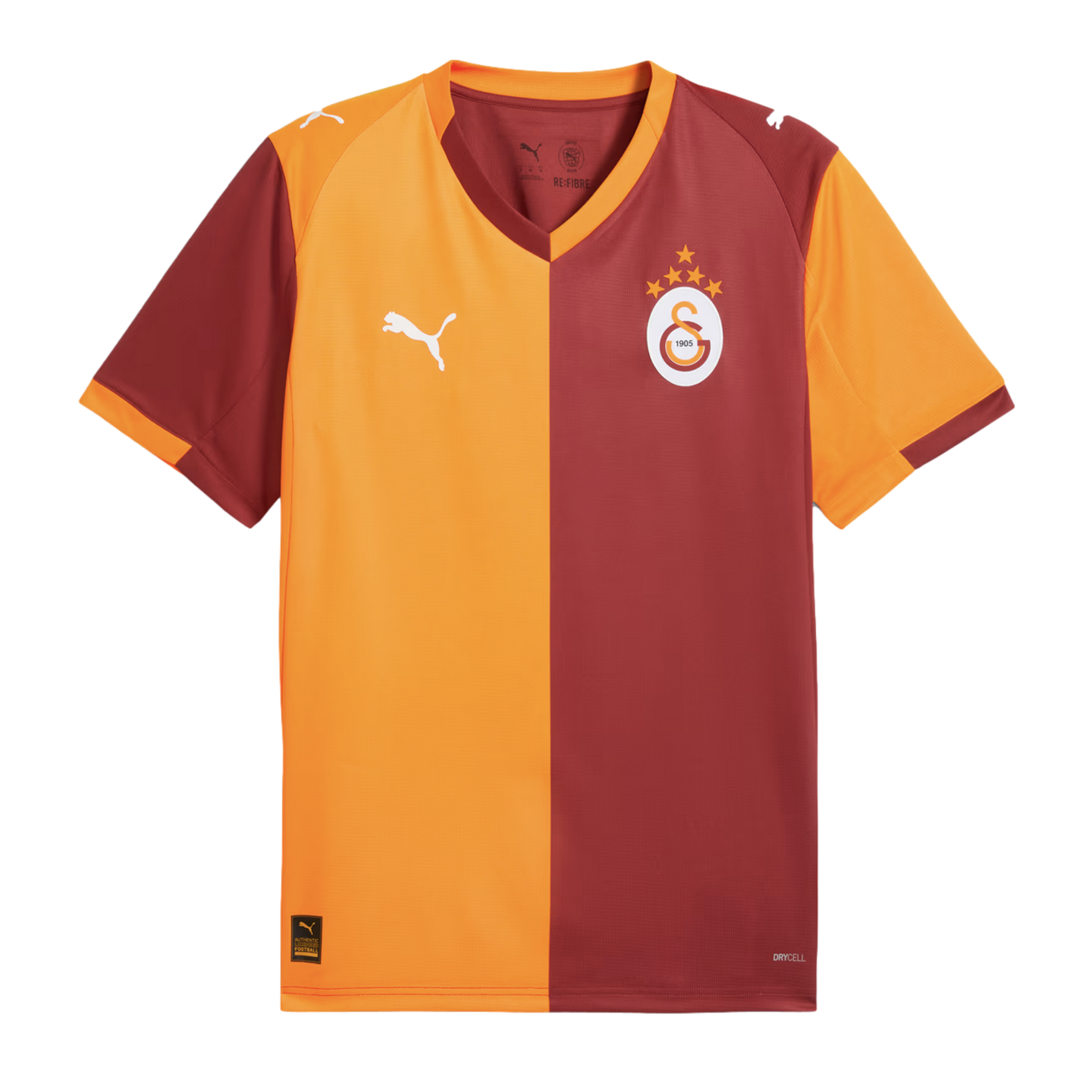 Puma Galatasaray 2024-25 home jersey with a half-and-half maroon and orange design, contrasting sleeves, white Puma logos, and the club crest with four gold stars.