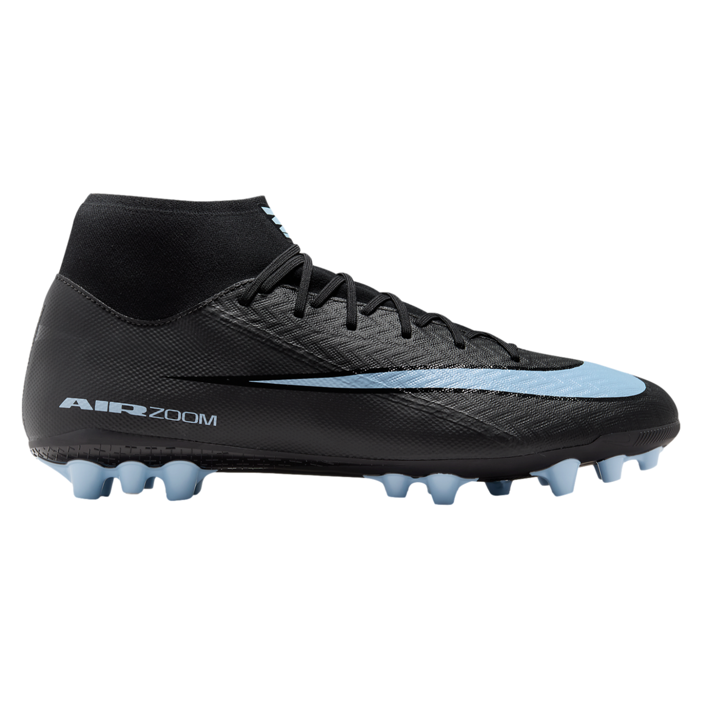 Profile of a black Nike soccer cleat with light blue accents, a mid-cut ankle collar, and "AIR ZOOM" branding.
