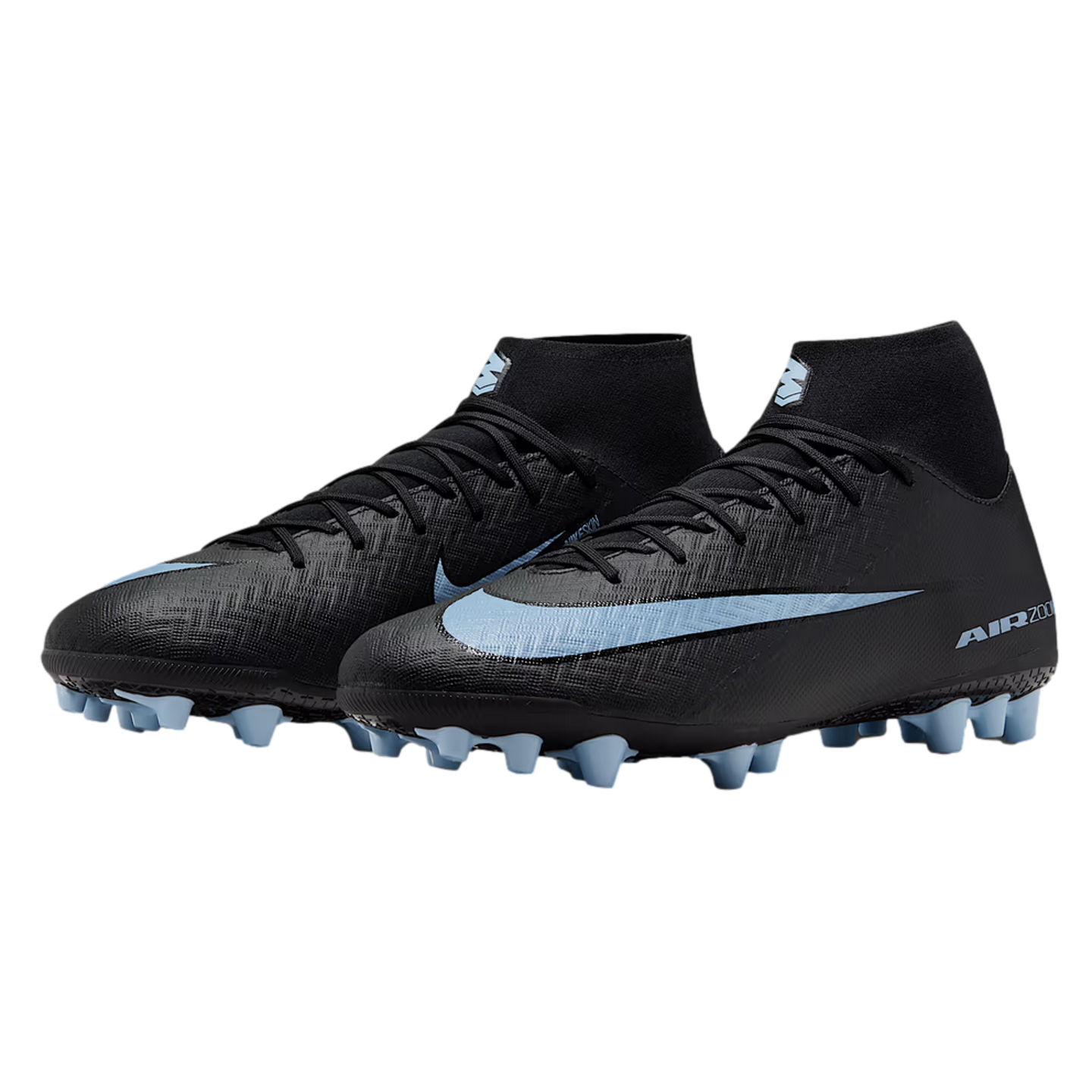 A pair of black Nike soccer cleats with light blue swooshes and matching studs, featuring a high-top collar.