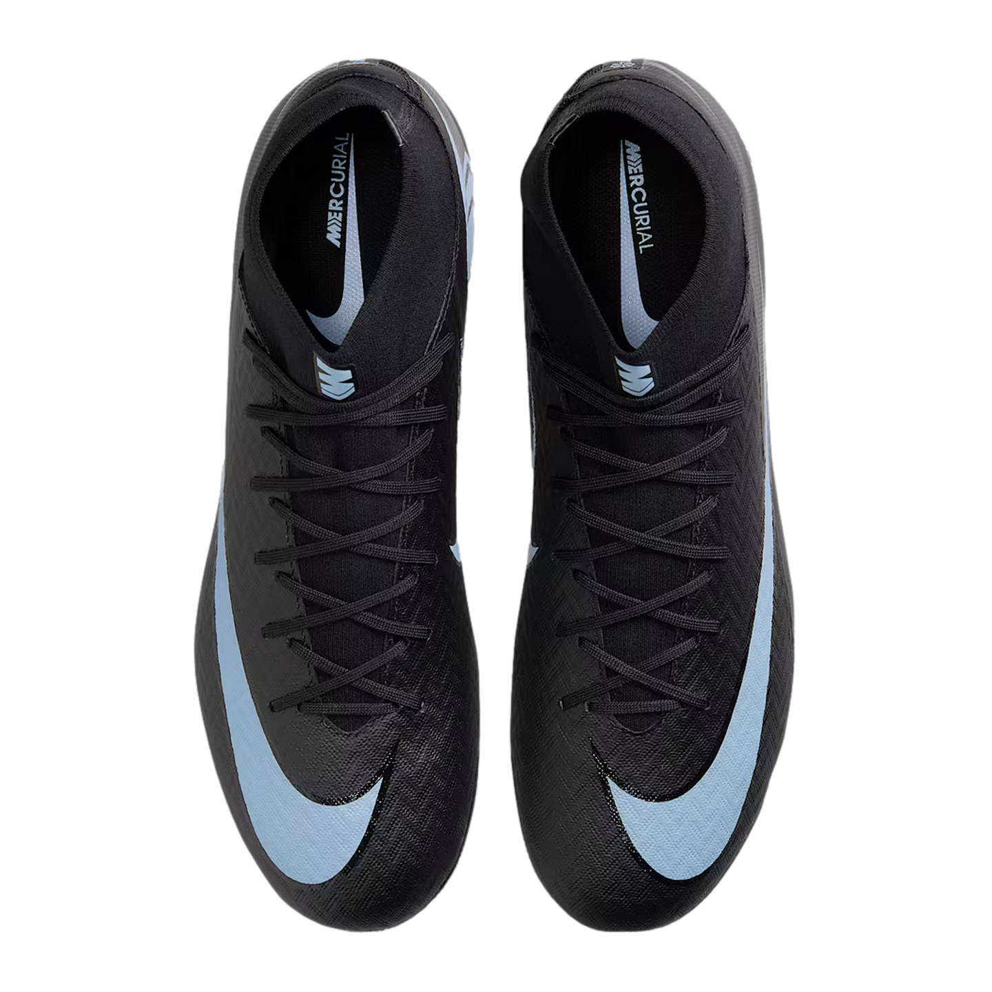 Top-down view of a pair of black Nike Mercurial soccer cleats with light blue swooshes on a black background.