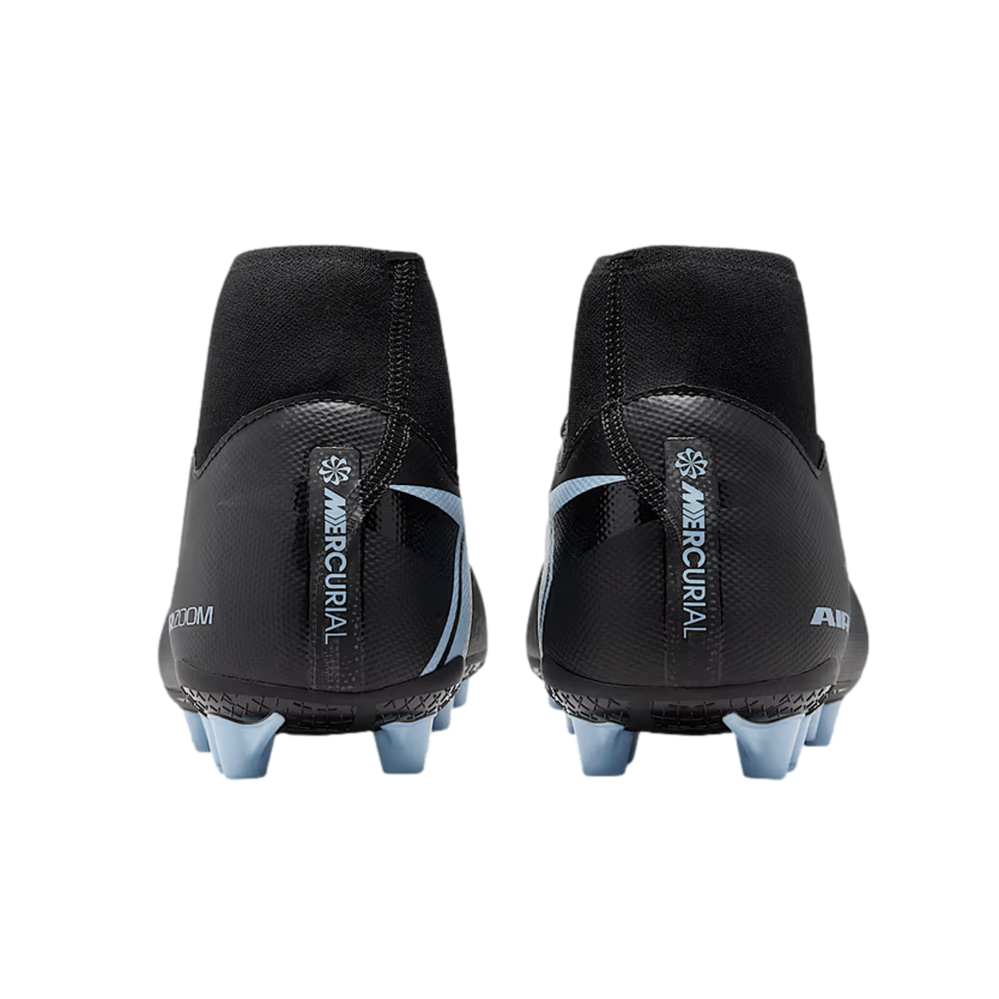 Rear view of black Nike Mercurial soccer cleats with light blue accents and studs against a black background.