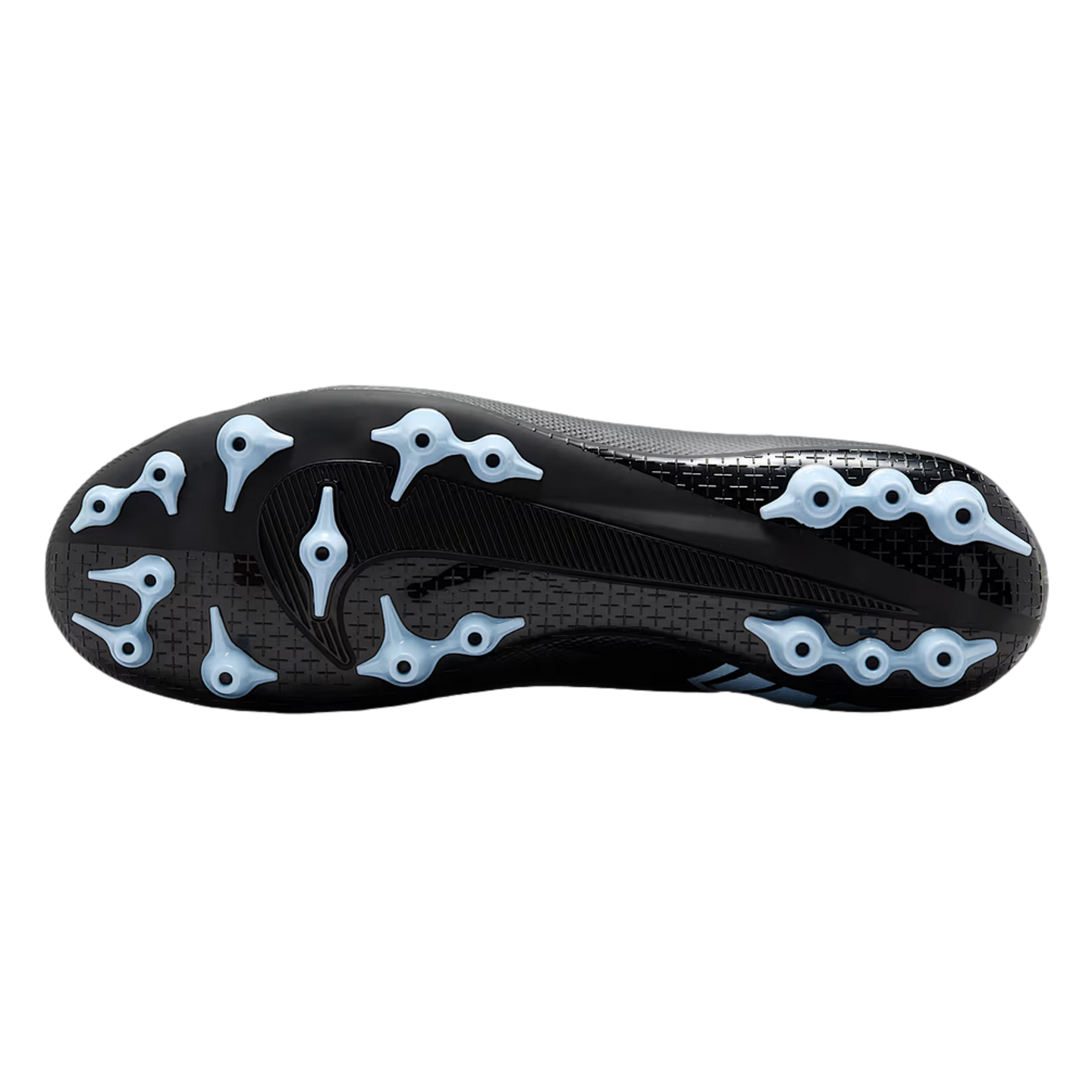 Underside view of a black Nike soccer cleat, highlighting its light blue conical studs and textured soleplate.