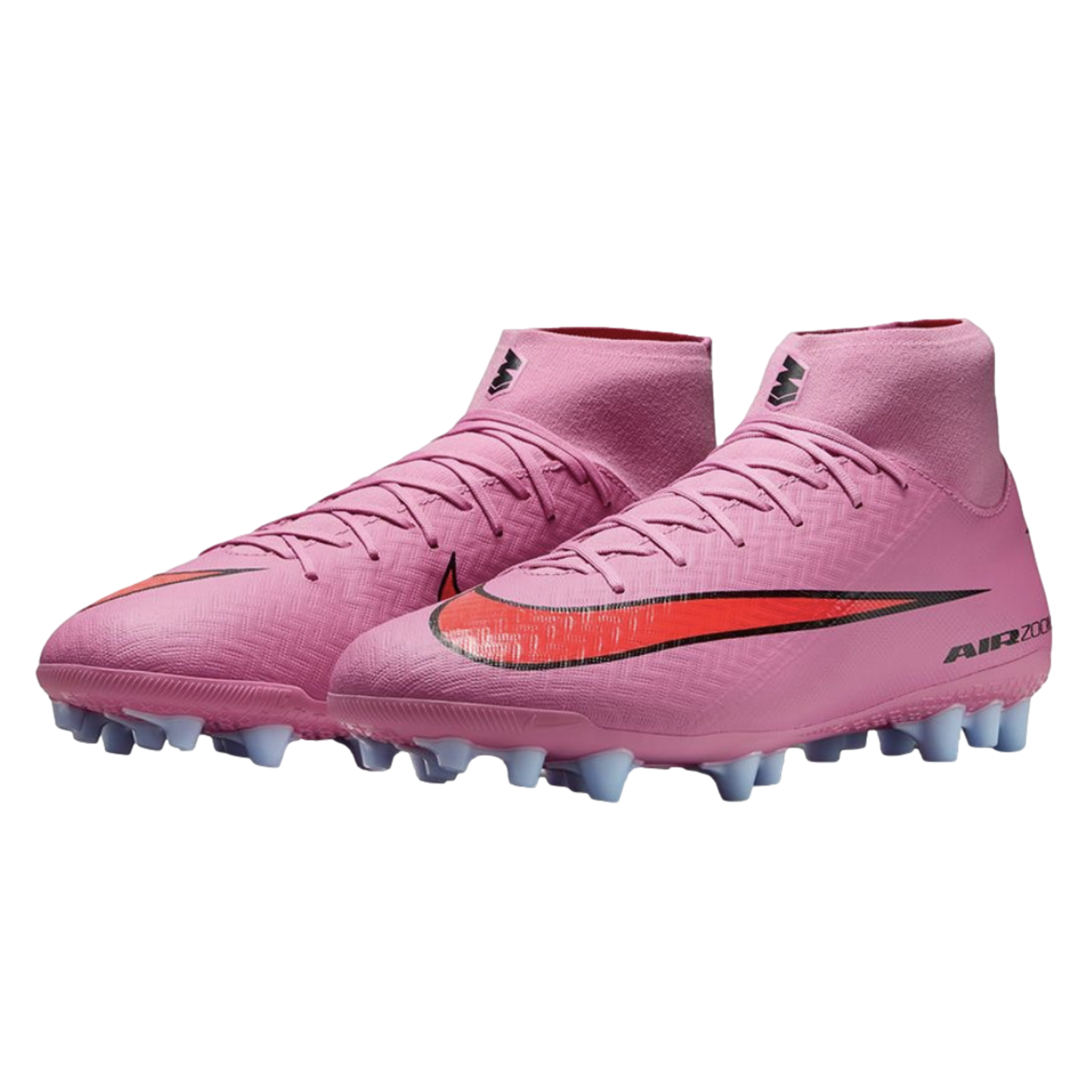 A pair of pink Nike Air Zoom Mercurial soccer cleats with high-top collars and red Swoosh logos, set against a black background.